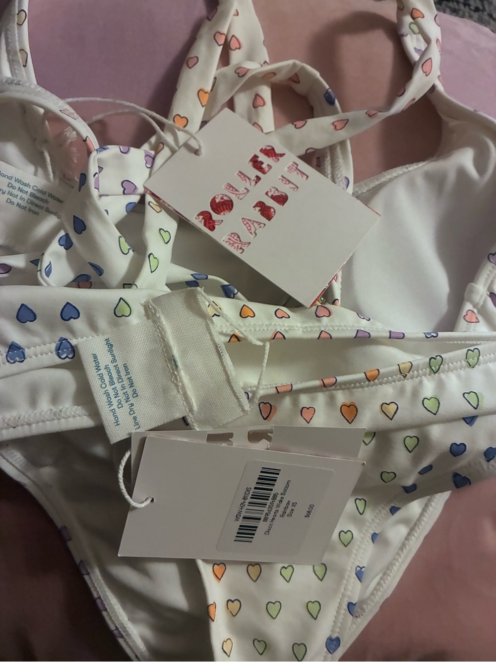 Roller Rabbit White Bandeau Bikini with Multicolor Pastel Heart Print